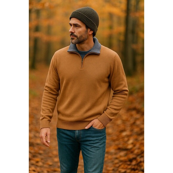 Vintage Eddie Bauer Men’s Camel Tan Quarter Zip Sweater Preppy Fall Classic Sz L - Picture 2 of 8